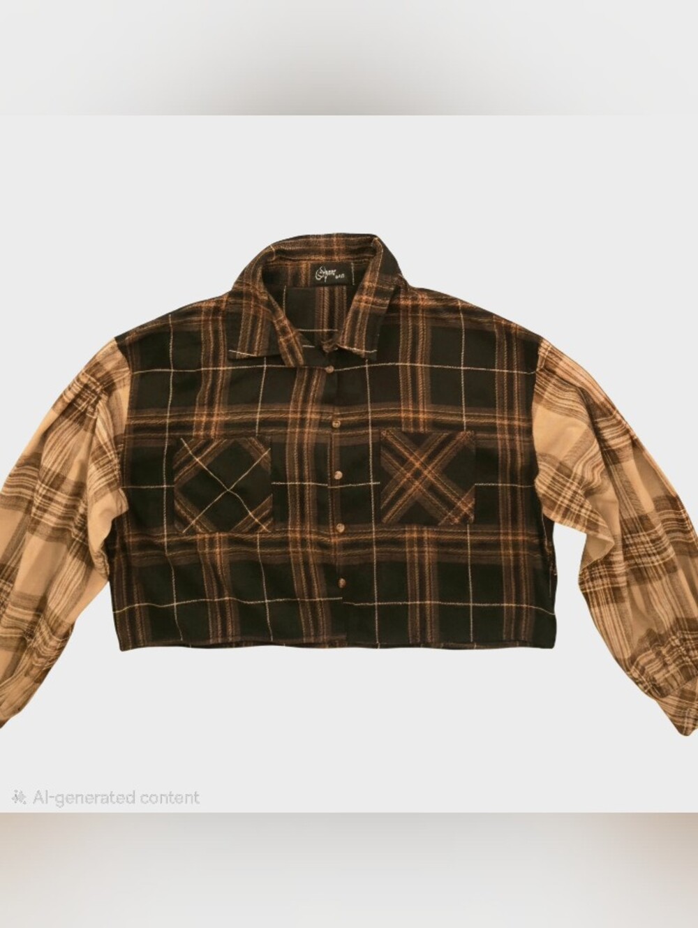Flanel Cropped Plaid Button-Up Shirt - Brown & Tan Size S
